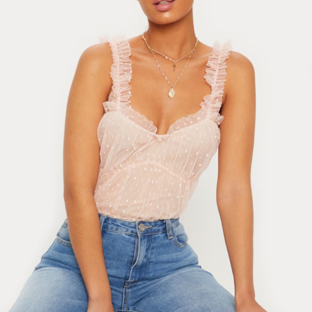 PrettyLittleThing Blush Pink Donny Mesh Frill Bodysuit Ruffled Size 0